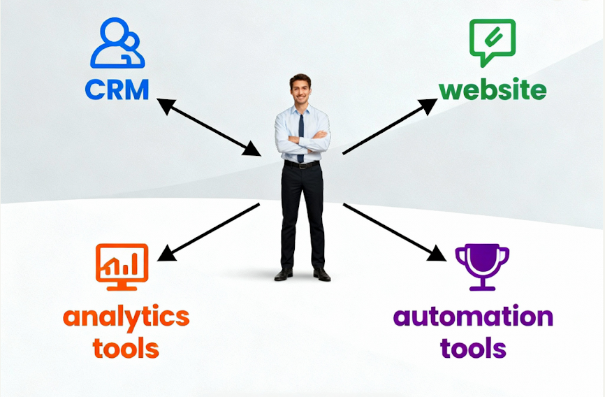 image of overview graphic showing a founder in the center with arrows to CRM, website, analytics, automation tools - technical virtual assistant