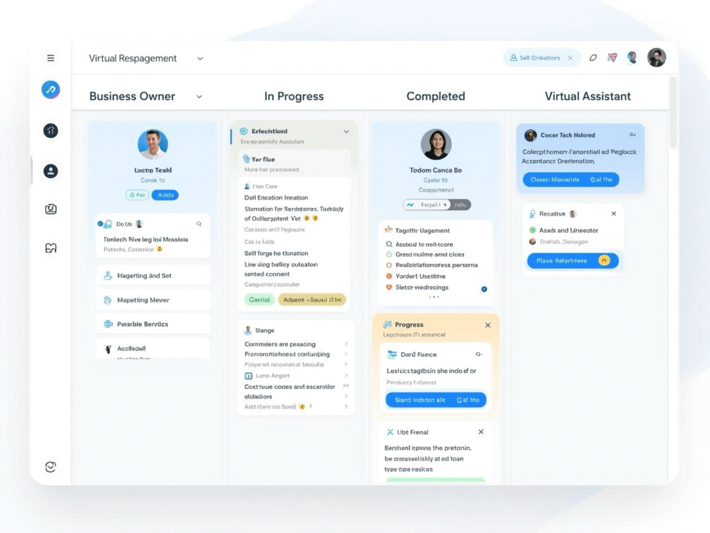 Organized task management board showing delegated responsibilities and workflow between business owner and virtual assistant