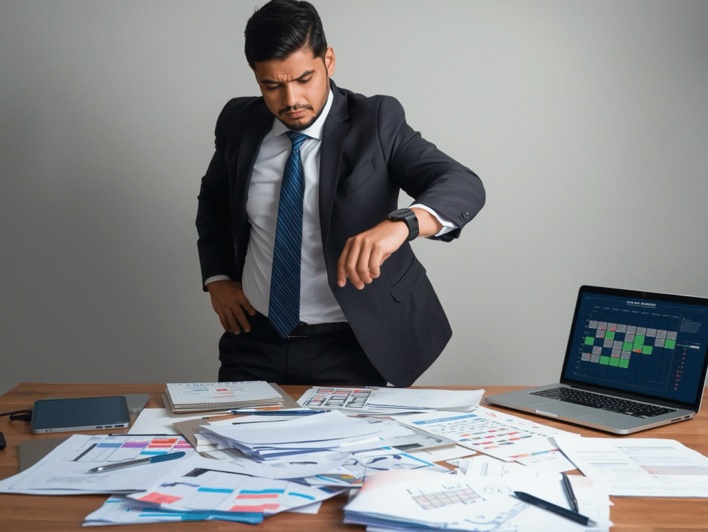 Anchor Text/Alt Text: "Business owner checking watch and reviewing calendar, illustrating time management challenges and signs you need to hire a virtual assistant