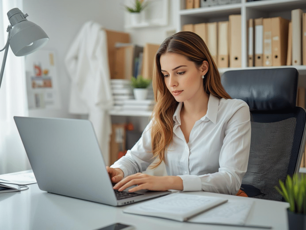 Professional virtual assistant working remotely on laptop, managing administrative tasks and supporting business operations from home office