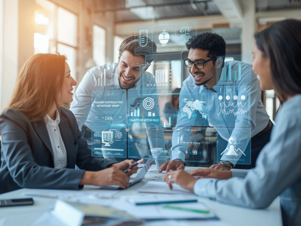 Growing business team collaborating with virtual assistant support, showing successful delegation and business scaling strategies