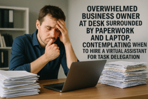 Overwhelmed business owner at desk surrounded by paperwork and laptop, contemplating when to hire a virtual assistant for task delegation