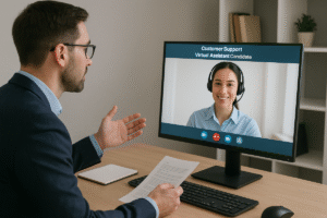 Customer support virtual assistant managing multiple communication channels on computer